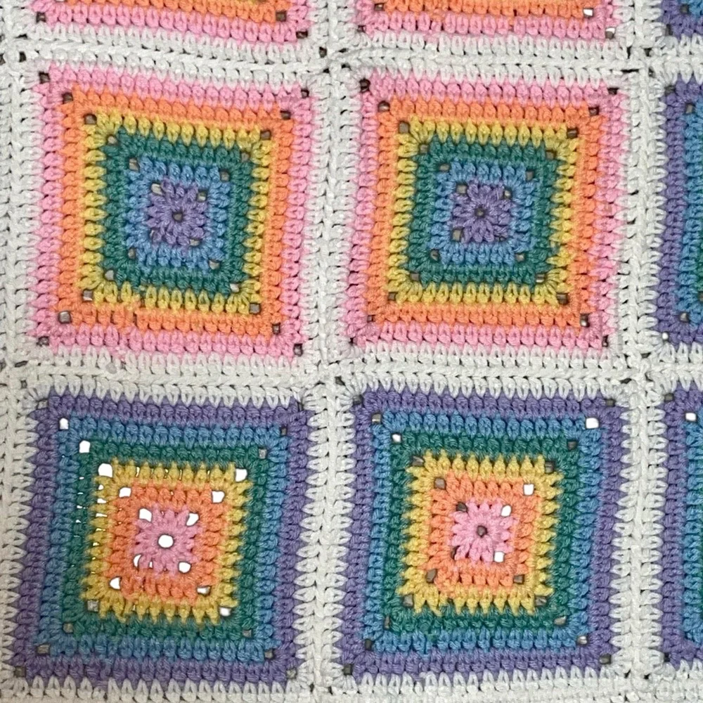 Vintage 70s  Square Granny Afghan Crochet Baby, Chair Blanket  35.5 Inches